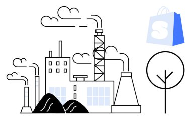 Duman, ağaç ve alışveriş poşeti ikonu yayan bir fabrika. Ticaret, çevre, endüstriyel etki, perakende, kentsel tasarım için ideal. Siyah, beyaz ve mavi renkleri kullanarak modern vektör illüstrasyonu