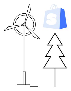 Modern wind turbine, stylized tree, and blue shopping bag with letter S. Ideal for renewable energy, sustainability, green living, eco-friendly products, environmental awareness. Clean, minimalistic clipart