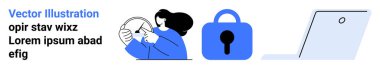 Belge okuyan biri, mavi asma kilit ve açık bir laptop. Siber güvenlik, veri koruması, çevrimiçi mahremiyet, teknik destek ve dijital kimlik teması için ideal. İniş sayfası