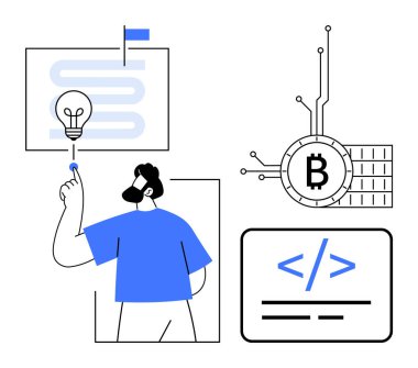 Ampulü gösteren bir adam, devrelere ve kodlama sembollerine bağlı bir Bitcoin sembolü. Engelleme zinciri, kripto para birimi, kodlama, geliştirme ve yenilik için ideal