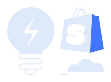 İçinde yıldırım olan büyük bir ampul ve bulutun yanında S harfi olan bir alışveriş çantası. Enerji-verimli perakende, çevrimiçi alışveriş, bulut hizmetleri, yenilik ve modern ticaret için ideal