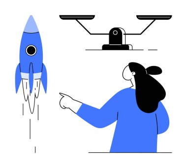 Başının üstünde minimalist, vektör tarzı bir denge ile bir roketin fırlatılışını gösteren bir kadın. Yenilik, teknoloji, ilerleme, denge, arzu için ideal