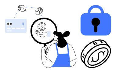 Ödeme kartı, bozuk para ve asma kilit üzerinde büyüteç tutan kişi. Finansal güvenlik için ideal, çevrimiçi işlemler, dijital ödemeler, dolandırıcılık önleme, siber güvenlik. Temiz vektör biçimi