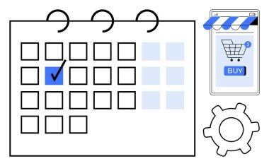 Seçili tarihli takvim, satın alma düğmeli seyyar alışveriş arabası ve vites simgesi. Planlama, e-ticaret, programlama, online alışveriş, verimlilik için ideal. Basit ve temiz vektör biçimi
