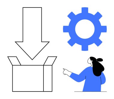 Aşağıya bakan ok, mavi vites sembolü ve işaret eden kişi. Kullanıcı rehberleri, teknik destek, verimlilik, yazılım dersleri, e-ticaret için ideal. Temiz modern basit biçim