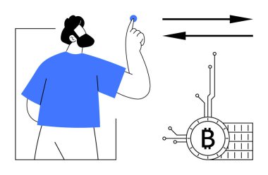Mavi gömlekli bir adam bir düğmeye basarak Bitcoin işlemi başlatır. Oklar değiş tokuşu gösteriyor ve Bitcoin sembolü gösteriliyor. Kripto para birimi, fintech, engelleme zinciri, dijital para birimi için ideal