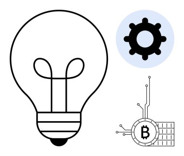 Dişli ikonlu büyük şeffaf ampul ve dijital devreli Bitcoin para sembolü. Teknoloji yeniliği, engelleme zinciri kavramları, dijital finans, kripto para birimi eğilimleri için ideal