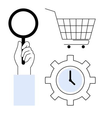 El ele tutuşan büyüteç, tekerlekleri olan alışveriş arabası ve ortasında saat olan teçhizat. İş süreçleri, zaman yönetimi, alışveriş, arama optimizasyonu, verimlilik için ideal. Minimalist