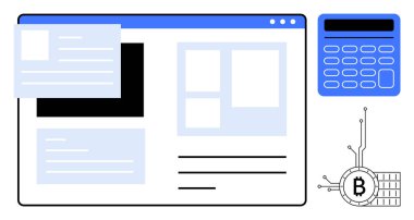 Yüzen pencere ögelerini gösteren dijital bir panel, bir hesap makinesi, ve devreye bağlı bir Bitcoin sembolü. Kripto para birimi, finans teknolojisi, dijital finans, engelleme zinciri için ideal