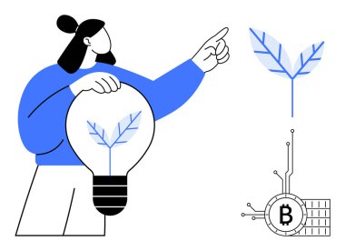 İçinde yaprak olan bir ampulü tutan kişi Bitcoin sembolüne bağlı dijital bir yaprağı işaret ediyor. Kripto para birimi sürdürülebilirliği için ideal temiz enerji çevre teknolojisi ve yeşil