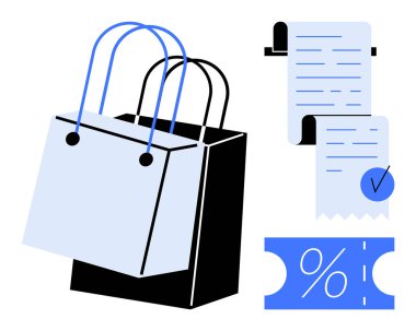 Alışveriş torbası ve içinde yüzde işareti olan indirim kuponunun yanında iki makbuz. Alışveriş, perakende, indirim, pazarlama, satış ve tüketim temaları için ideal. Modern düz stil