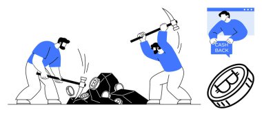 İki adam kripto para çıkarmak için kazma kullanıyor. Bir figür CASH arka işareti taşıyor, bir Bitcoin sembolü gösteriliyor. Dijital para birimi, mali faaliyetler, engelleme zinciri, yatırım kavramları için ideal