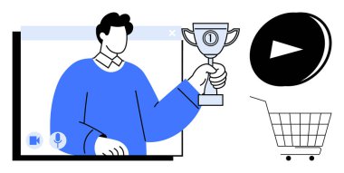 Elinde bir kupa olan kişi bir video görüşmesinde, bir oyun düğmesinde ve bir alışveriş arabasında görünüyor. İnternet üzerinden sanal toplantılar, başarı kutlamaları ve e-ticaret için ideal. Basit temiz biçim