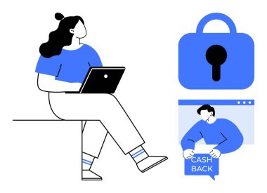 Dizüstü bilgisayarı olan biri. Mavi kilit simgesi ve nakit geri işareti tutan figür. Çevrimiçi güvenlik için ideal, dijital işlemler, uzaktan çalışma, e-ticaret, finansal hizmetler. Modern, minimalist, düz