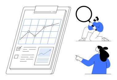 İki kişilik bir grafiği gösteren büyük bir pano. Biri elinde büyüteç, diğeri de grafiği işaret ediyor. Veri analizi, iş sunumları, mali raporlar ve eğitim için ideal