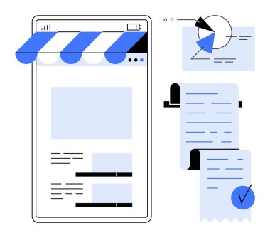 Alışveriş uygulaması arayüzü, makbuzları ve veri analiz sembolleri olan bir akıllı telefon ekranı. E-ticaret, mali yönetim, veri analizi, çevrimiçi alışveriş, dijital işlemler için ideal