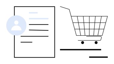 Profil simgesi ve alışveriş arabası olan basit bir belgenin çizimi. E-ticaret, çevrimiçi alışveriş, dijital satın alma, iş yönetimi, dijital profiller için ideal. Modern minimalist stil