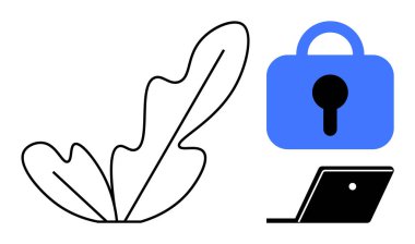 Siyah çizgili yaprak, mavi kilit sembolü ve beyaz arkaplanda siyah dizüstü bilgisayar simgesi. Güvenlik, teknoloji, mahremiyet, doğa ve modern tasarım konuları için idealdir. Basit vektör biçimi