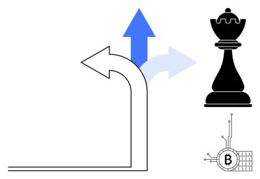 Büyük bir ok sola dönerken, küçük oklar yukarı doğru devam eder. Bir Bitcoin sembolü ile birlikte sağda duran siyah bir satranç taşı. Karar verme, strateji ve yön için ideal.