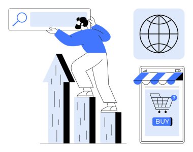 Arama çubuğu, dünya ikonu ve seyyar alışveriş arabasıyla çizelgeye tırmanan bir adam. İş büyümesi için ideal, çevrimiçi pazarlama, e-ticaret, küresel ulaşım, dijital stratejiler. Modern, minimalist, vektör