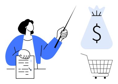 Elinde bir belge tutan ve para çantasını işaret eden biri. Finansal eğitim, bütçe, tasarruf, alışveriş yönetimi ve kişisel finans tavsiyeleri için idealdir. Minimalist tasarım biçimi