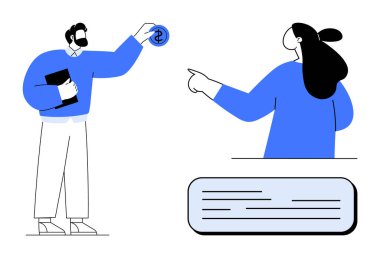 Birinde bir belge, diğerinde para olan iki birey etkileşime giriyor. Ticari işlemler için ideal, mali tartışmalar, ofis iletişimi, profesyonel işbirliği