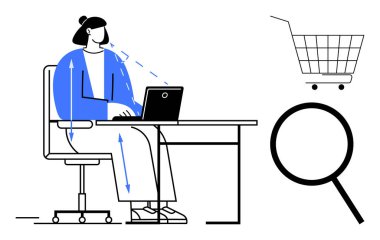 Masada oturup dizüstü bilgisayarda yazan kişi, yakınlarda bir alışveriş arabası ve büyüteç sembolleri var. Çevrimiçi alışveriş, e-ticaret, İnternet araması, dijital pazarlama, teknoloji kullanımı için ideal