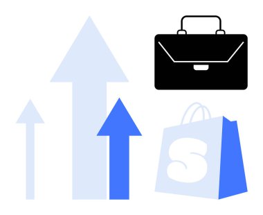Yukarı bakan üç ok, bir evrak çantası ve bir alışveriş çantası. İş büyümesi, başarı, kariyer ilerlemesi, finansal ilerleme ve ticaret için ideal. Basit, temiz, modern tarz.