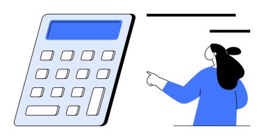 Finansal görevler, eğitim kaynakları, bütçe tavsiyeleri, muhasebe hizmetleri ve matematik öğretmek için ideali olan mavi hesap makinesini gösteren bir kadın. Basit ve temiz bir biçim