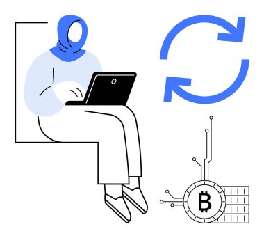 Dizüstü bilgisayarda çalışan tesettürlü bir kadın, Bitcoin sembolü ve tazeleme ikonunun yanında. Finans, kripto para birimi, uzaktan çalışma, teknoloji ve kapsayıcı temalar için ideal. Basit vektör biçimi