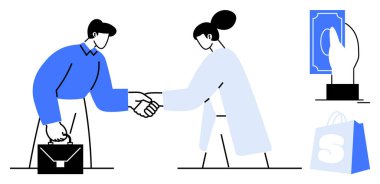 İş adamı ve kadın ellerinde bir çantayla el sıkışıyor. Para ve alışveriş torbası simgeleri görünür. İş anlaşmaları, ortaklıklar, mali işlemler, ticaret ve anlaşmalar için ideal. Basit.