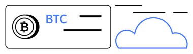 Bitcoin sembolü ve BTC metni şifreli para depolama dijital işlemleri fintech engelleme zinciri ve çevrimiçi ödemeler için ideal satırlara sahip bir bulutun yanında. Minimalist modern vektör sanat biçimi