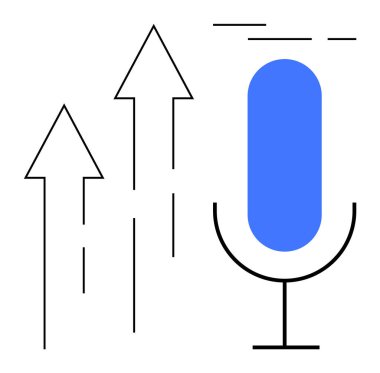 İçi mavi bir mikrofona eşlik eden yukarı doğru üç ok büyüme ya da yüksekliği gösteriyor. Büyüme, başarı, podcast, yayın ve ses teknolojisi temaları için idealdir. Basit satır sanatı