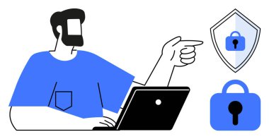 Bilgisayarda çalışan adam güvenlikle ilgili ikonları gösteriyor. Kilitli bir kalkan ve asma kilit de dahil. Siber güvenlik, çevrimiçi mahremiyet, veri koruması, internet güvenliği ve dijital güvenlik için ideal