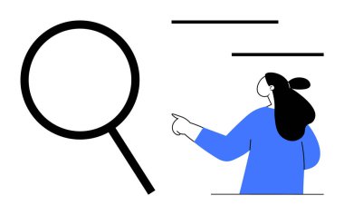 Mavi kazaklı bir kadın büyüteç ve metin satırlarını işaret ediyor. Araştırma, analiz, keşif, arama, bilgi için ideal. Basit düz resimleme