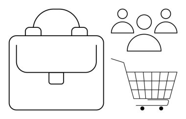 Bir evrak çantasının basit siyah-beyaz çizgisi illüstrasyonu, üç kişilik bir grup simge ve beyaz arka planda bir alışveriş arabası. İş için ideal, takım çalışması, alışveriş, ekommerce, minimalizm. Sek.