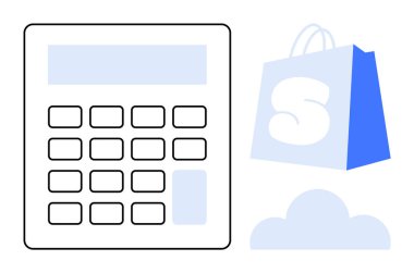Alışveriş çantası ve bulut simgesinin yanında büyük ekranlı dijital hesap makinesi. Çevrimiçi alışveriş, e-ticaret, finansal hesaplamalar, bulut depolama, modern teknoloji için ideal. Basit minimalist biçim