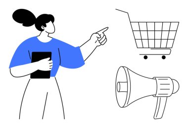 Elinde tablet olan bir kadın alışveriş arabası ve megafonu işaret ediyor. Pazarlama, e-ticaret, online alışveriş, reklam, iletişim için ideal. Minimalist vektör çizimleri mavi, siyah