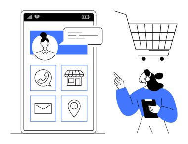 Uygulama simgeleri ve müşteri hizmetleri arayüzü olan bir cep telefonu görüntüsü. Bir insan, üzerinde alışveriş arabası olan bir tableti işaret ederken tutar. Çevrimiçi alışveriş ve müşteri hizmetleri için ideal