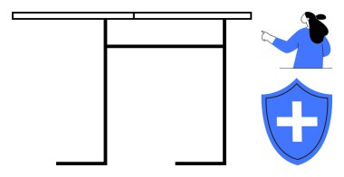 Mavi kıyafetli biri, tıbbi kalkan ikonu ve masa sembolü ile eşleştirilmiş. Sağlık, dijital güvenlik, çevrimiçi danışma, profesyonel rehberlik ve tıbbi destek için ideal