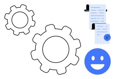 Üzerinde işaretli bir belge ve gülümseyen bir yüz sembolü olan dişliler. Üretkenlik, iş akışı verimliliği, onay süreçleri, görev yönetimi ve iş iletişimi için ideal. Düz çizgi biçimi