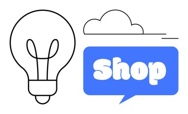 Simple light bulb beside a blue speech bubble with the word shop on it. Above them, a stylized cloud. Ideal for business ideas, online shopping, e-commerce, creativity, store promotions. Minimalist clipart