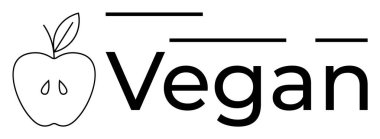 Basitleştirilmiş siyah-beyaz bir dizaynda çizilmiş bir elmanın yanında vegan kelimesi yer alır. Gıda ambalajı, vegan ürünler, sağlıklı yaşam tarzı promosyonları, minimalist tasarımlar ve bitki temelli