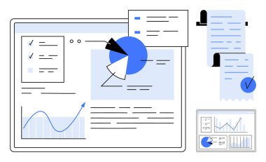 Turta grafikleri, çizgi grafikleri ve kontrol listelerini gösteren bir panel arayüzü. Veri analizi, iş raporlama, proje yönetimi, mali izleme ve stratejik izleme için ideal
