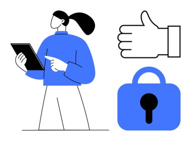 Tablet tutan ve işaret eden bir kadın, bir baş parmak işareti ve bir asma kilit simgesi. Teknoloji, güvenlik, dijital iletişim, kullanıcı geribildirimi, mahremiyet için idealdir. Basit modern biçim