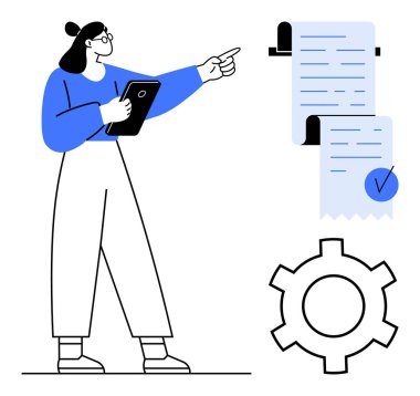 Kontrol listesi ve vites simgesini elinde tutan bir kadın. İş sunumları, proje yönetimi, iş akışı optimizasyonu, verimlilik ve takım çalışması verimliliği için ideal. Basit modern biçim