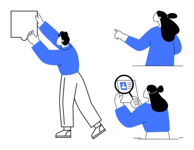 Üç karakter, işaret etmek, büyüteçle kontrol etmek ve uzatmak gibi çeşitli aktivitelere katılıyor. Takım çalışması, sunum, analiz, teftiş ve işbirliği için ideal