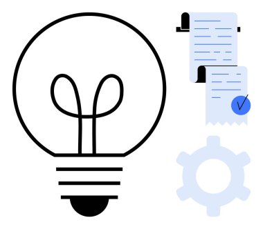 Siyah ampul, mavi işaretli iki kontrol listesi ve mavi dişli. Yenilik, görev yönetimi, verimlilik, planlama ve teknoloji için ideal. Minimalist, modern, temiz