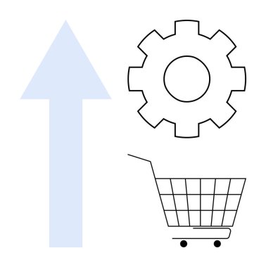Yukarı ok yanında vites ve alışveriş arabası büyümeye işaret ediyor. İş geliştirme teknolojisi için ideal e-ticaret verimliliği gelişimi. En az detay ve açık renk içeren basit temiz tasarım