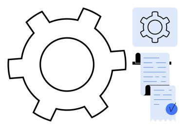 Bir belgenin yanında siyah dişli sembolü. Belge doğrulamayı gösteren mavi bir onay kutusu gösteriyor. Üretkenlik, kalite güvencesi, proje yönetimi, görev tamamlama, iş akışı için ideal. Basit.